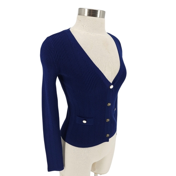 Draper James Sweater Cardigan Navy Blue Long Sleeve Button Up V Neck Rib Knit XS - Picture 3 of 8